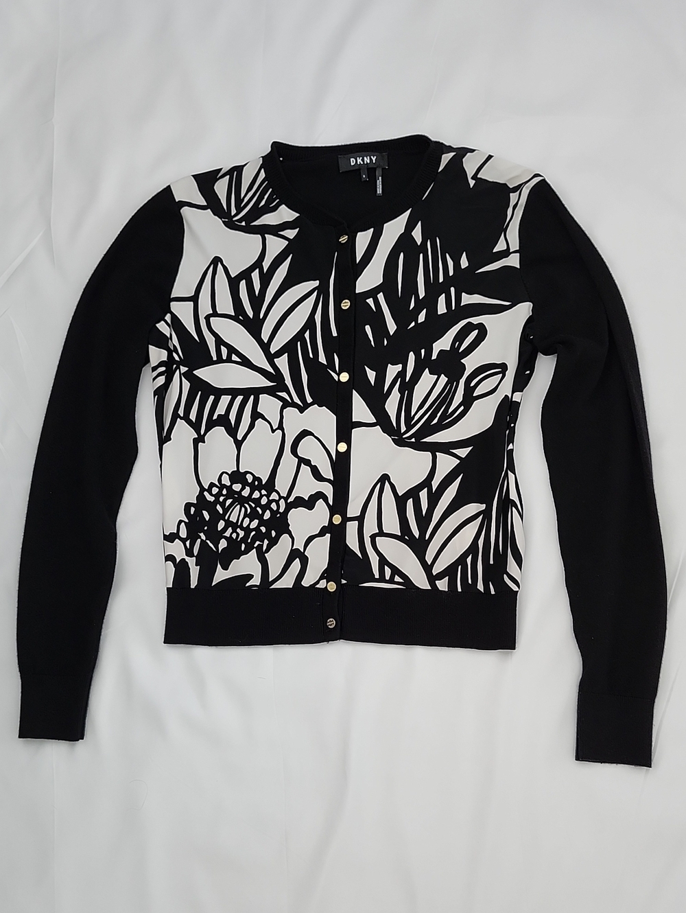 DKNY Black & White Floral Crewneck Cardigan